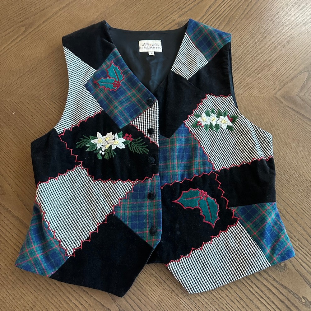 Susan Bristol Vintage Christmas Patchwork Velvet Vest Plaid Floral Embroidered 8